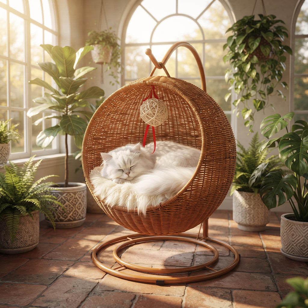Cama Sillón Colgante de Ratán para Gatos – Cesta Balancín con Soporte Metálico y Cojín Suave