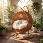 Cama Sillón Colgante de Ratán para Gatos – Cesta Balancín con Soporte Metálico y Cojín Suave