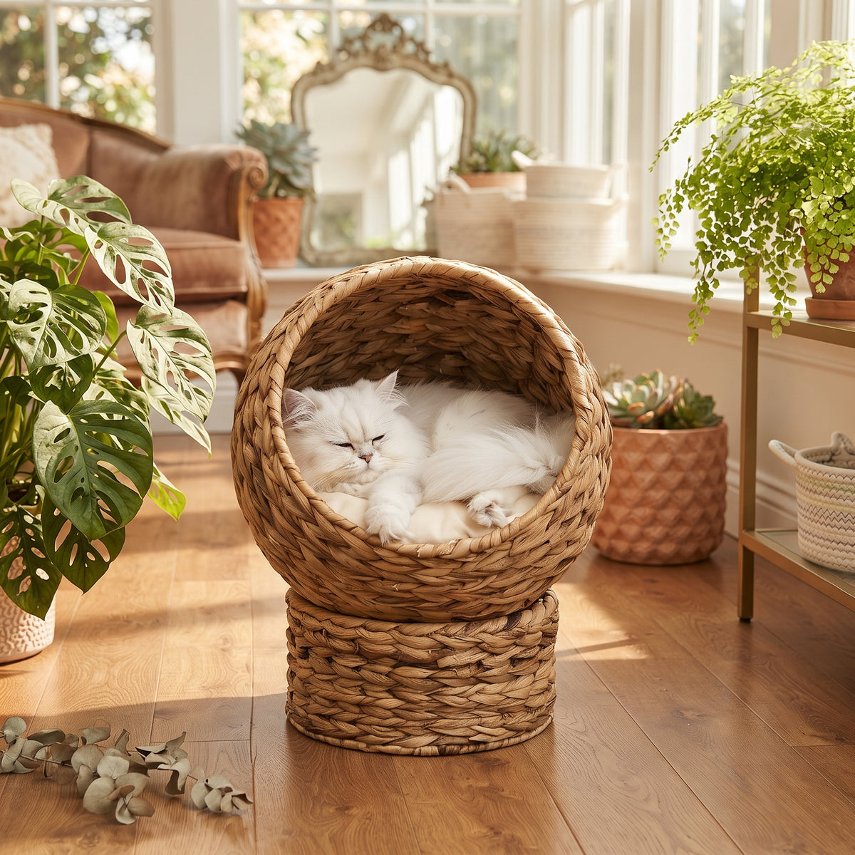 Cama Cueva Elevada de Mimbre Natural para Gatos – Nido Esférico con Cojín Mullido y Base Estable