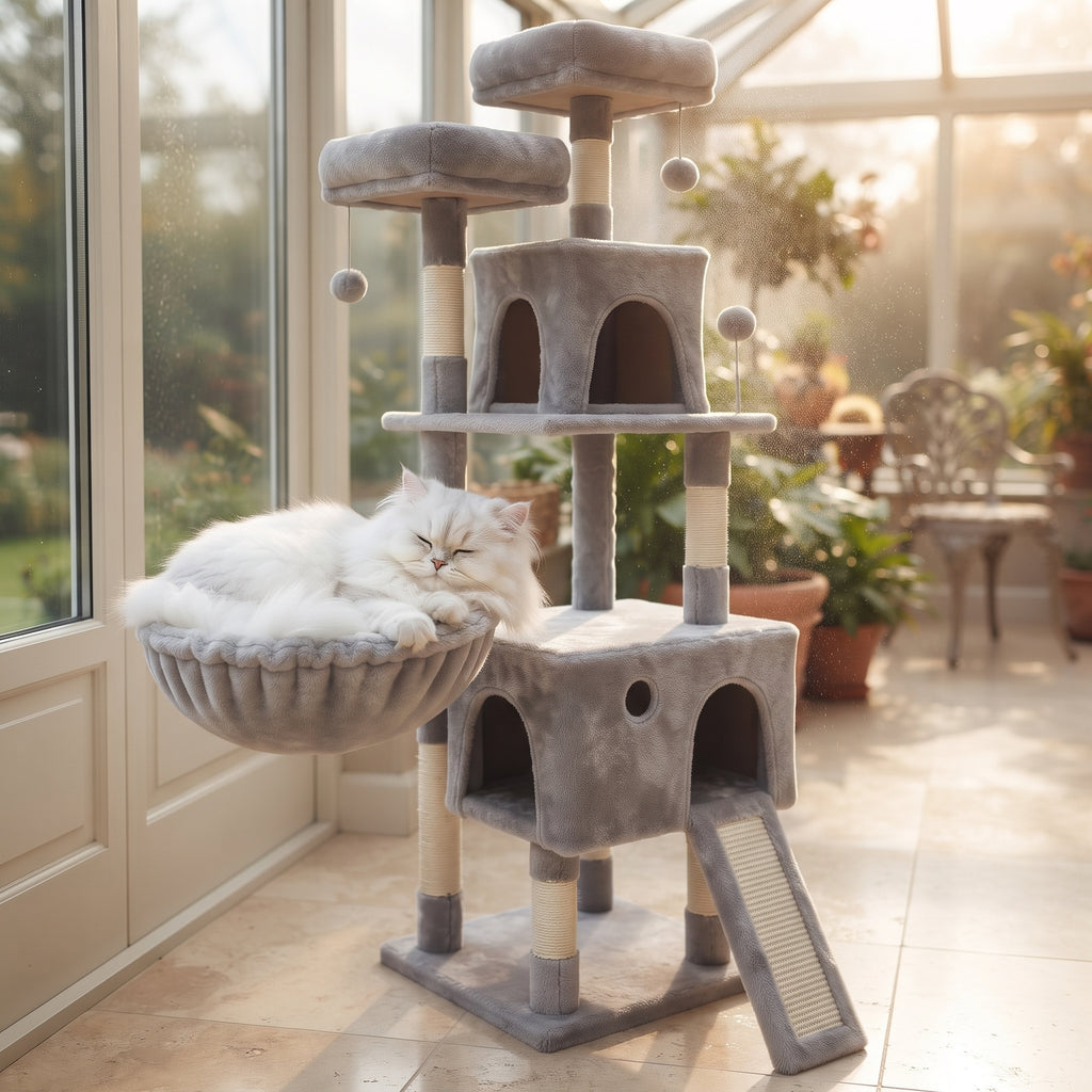 Árbol Rascador Multinivel para Gatos – Torre de Actividades con Cuevas, Hamaca, Escalera de Sisal y Miradores Acolchados