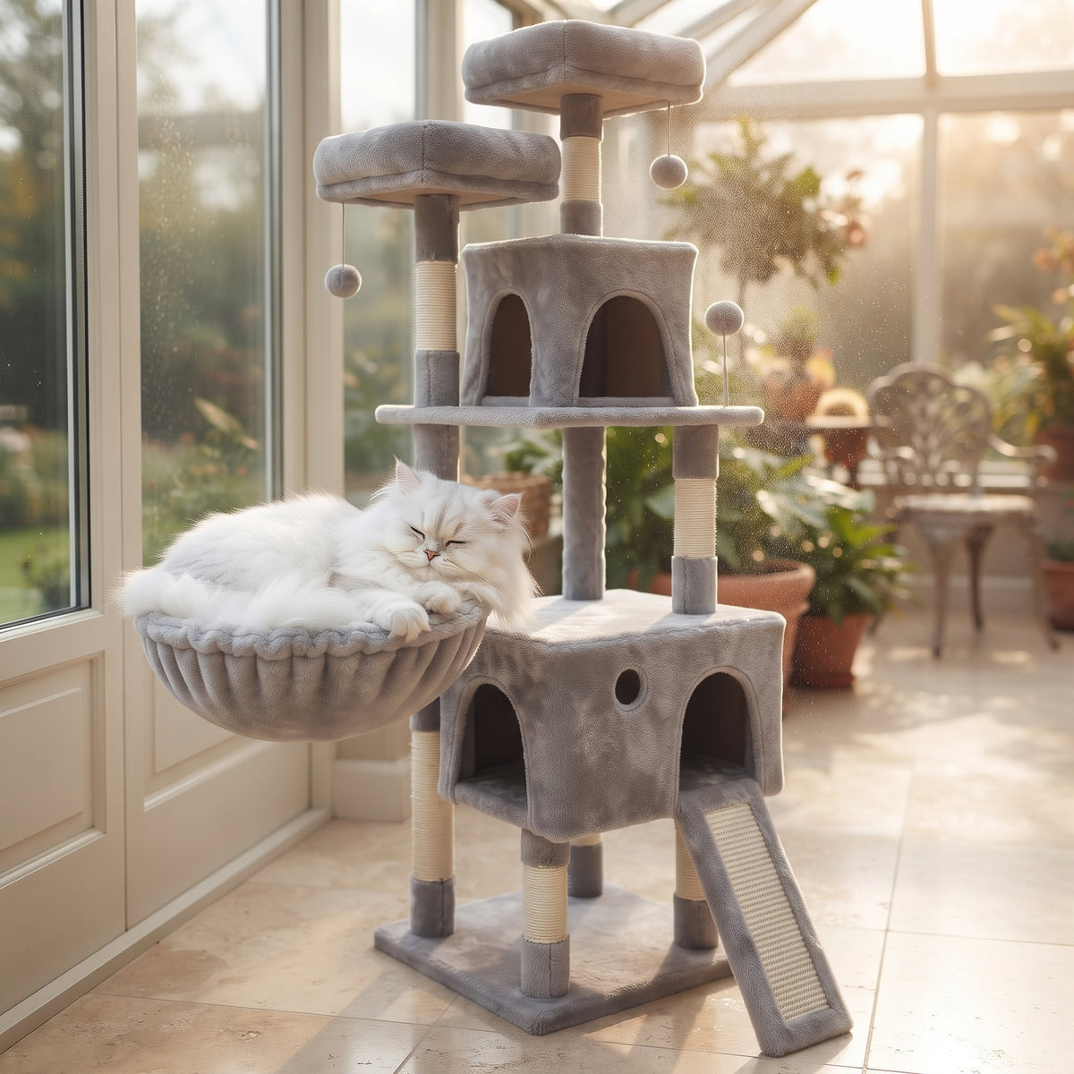 Árbol Rascador Multinivel para Gatos – Torre de Actividades con Cuevas, Hamaca, Escalera de Sisal y Miradores Acolchados