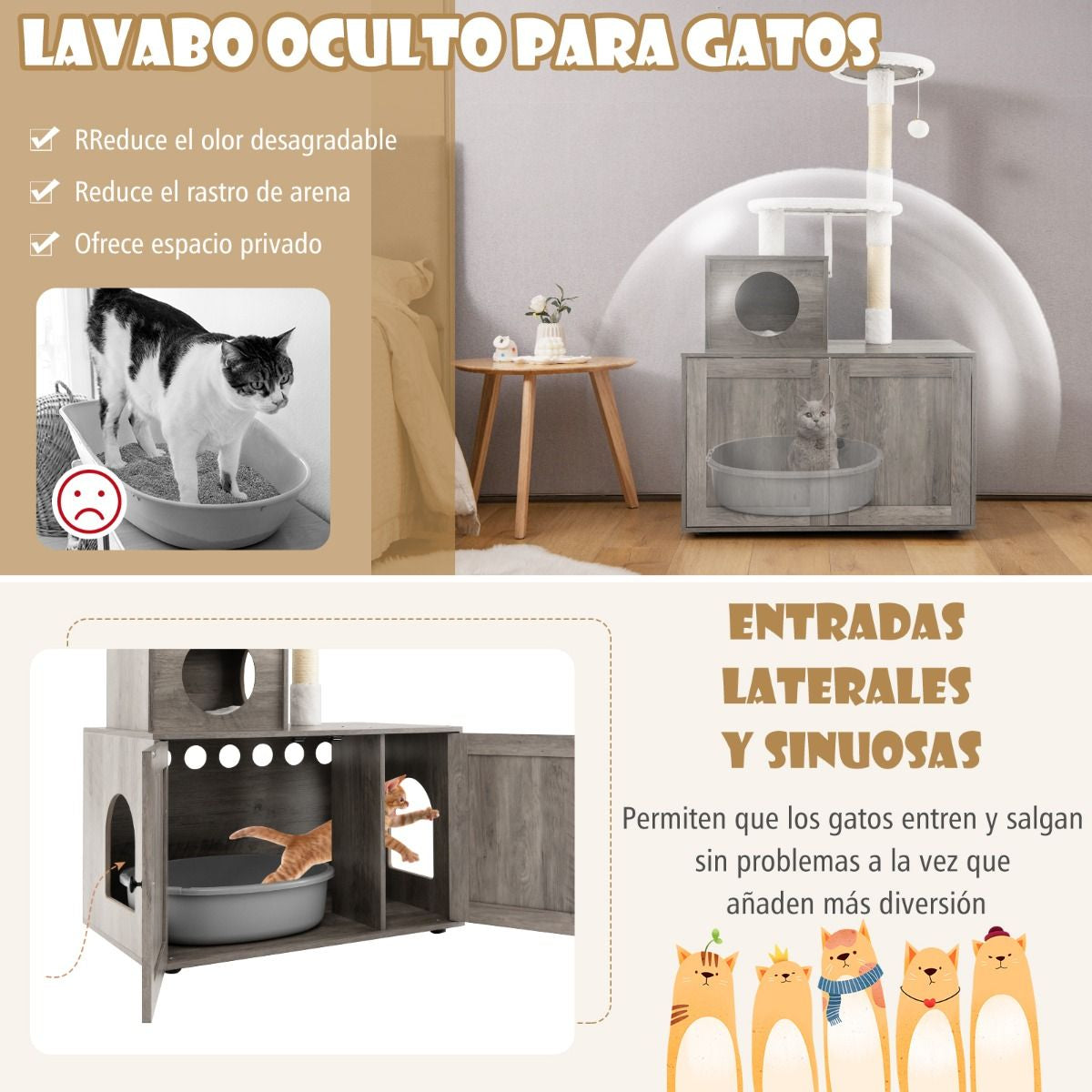 Casa Para Gatos Con Armario Para Almacenar Caja De Arena (No Inluido) Y Torre Rascadora Armario Con Escondite Y División 77,5 X 49 X 132 Cm