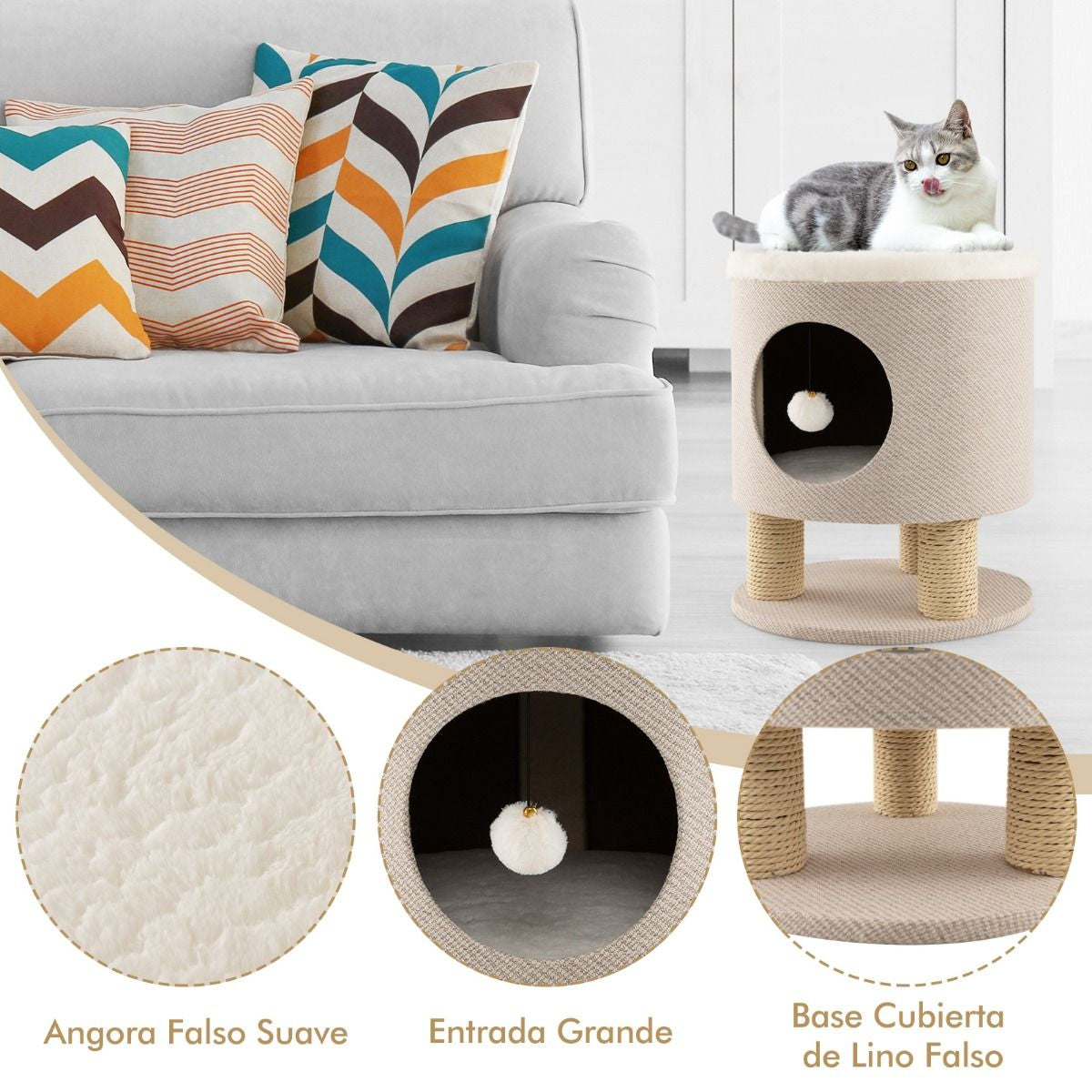 Casa Para Gatos Otomana Taburete Con Condominio Poste Rascador Y Bola De Felpa 40 X 40 X 47 Cm