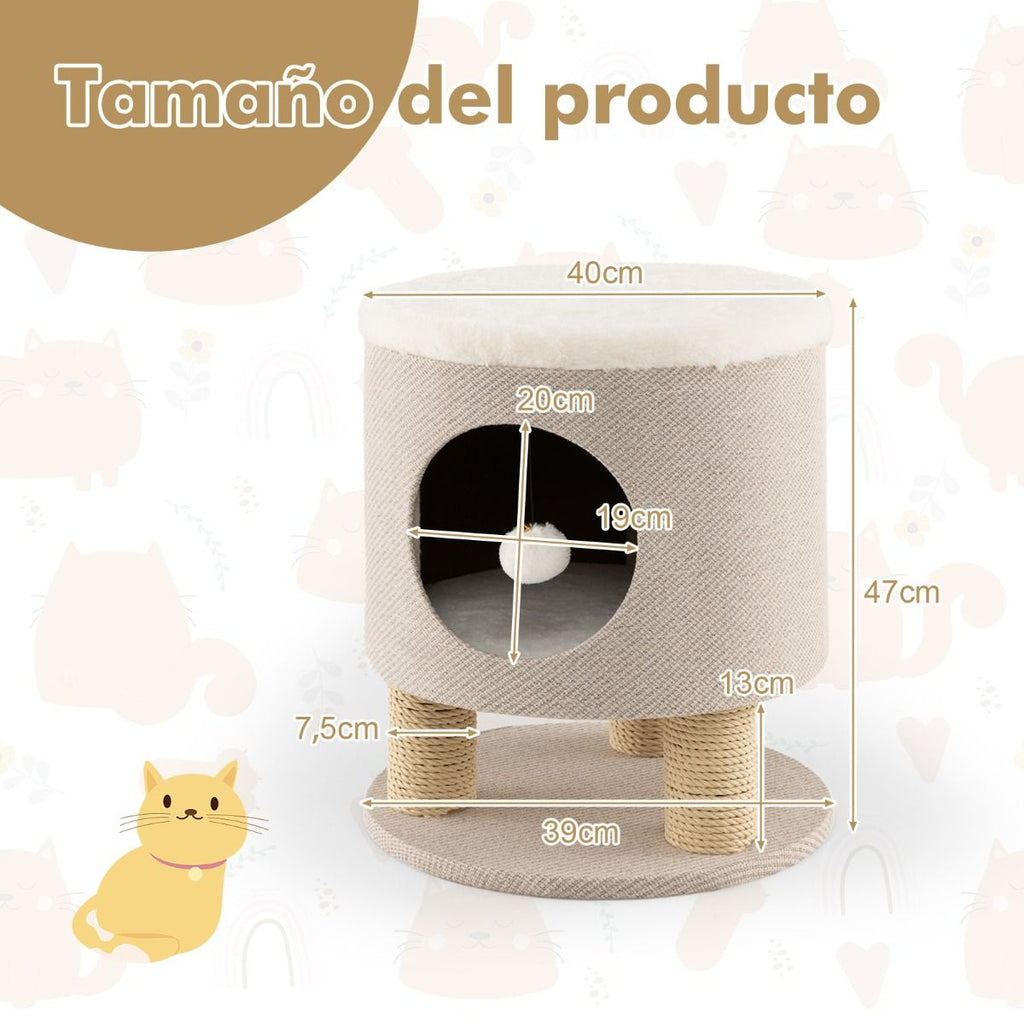 Casa Para Gatos Otomana Taburete Con Condominio Poste Rascador Y Bola De Felpa 40 X 40 X 47 Cm