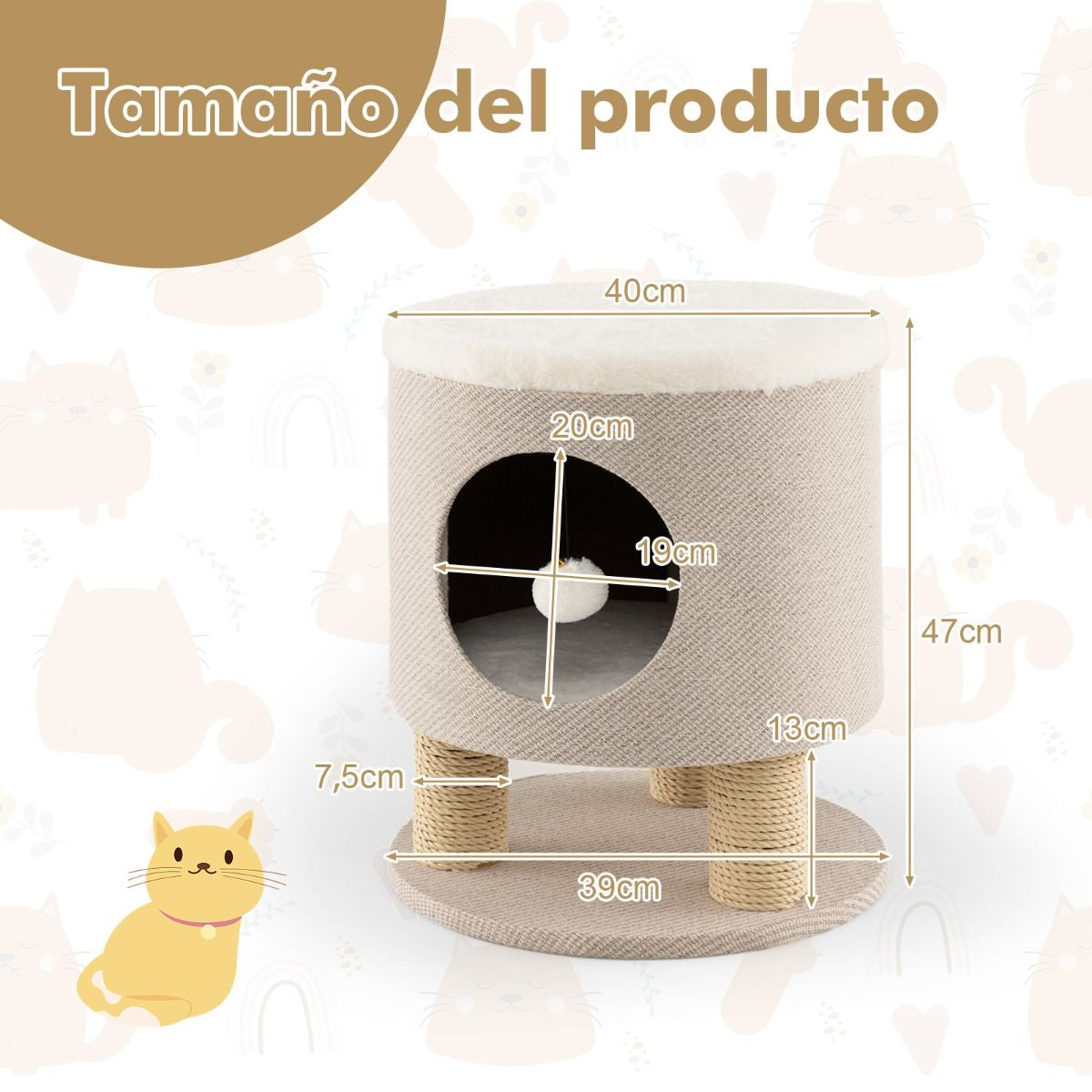 Casa Para Gatos Otomana Taburete Con Condominio Poste Rascador Y Bola De Felpa 40 X 40 X 47 Cm