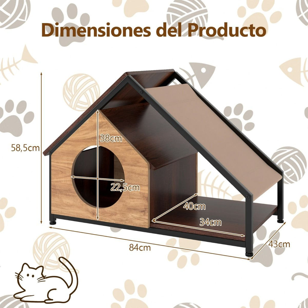 Casa De Madera Para Gatos De Interior Condominio Para Gatitos Con Porche Techo Inclinable Desmontable Y Marco Metálico Villa Marrón