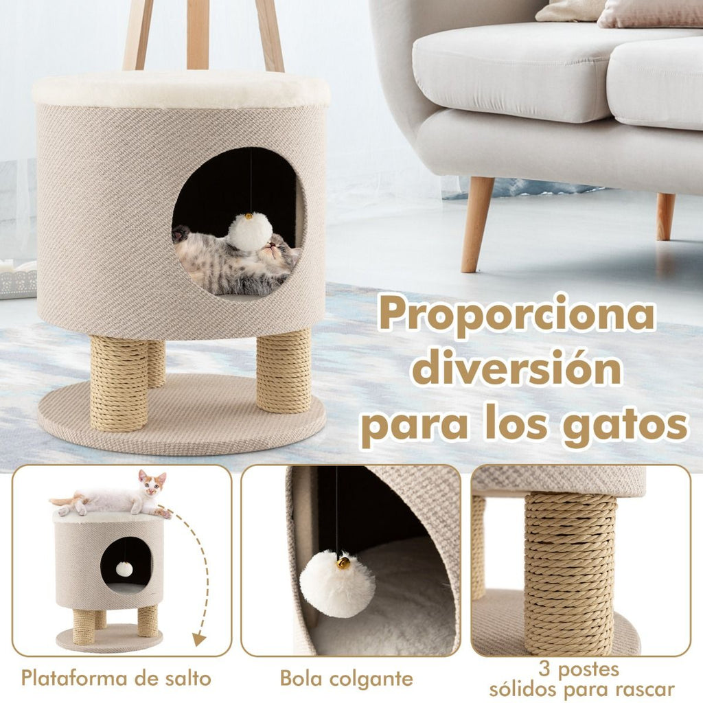 Casa Para Gatos Otomana Taburete Con Condominio Poste Rascador Y Bola De Felpa 40 X 40 X 47 Cm