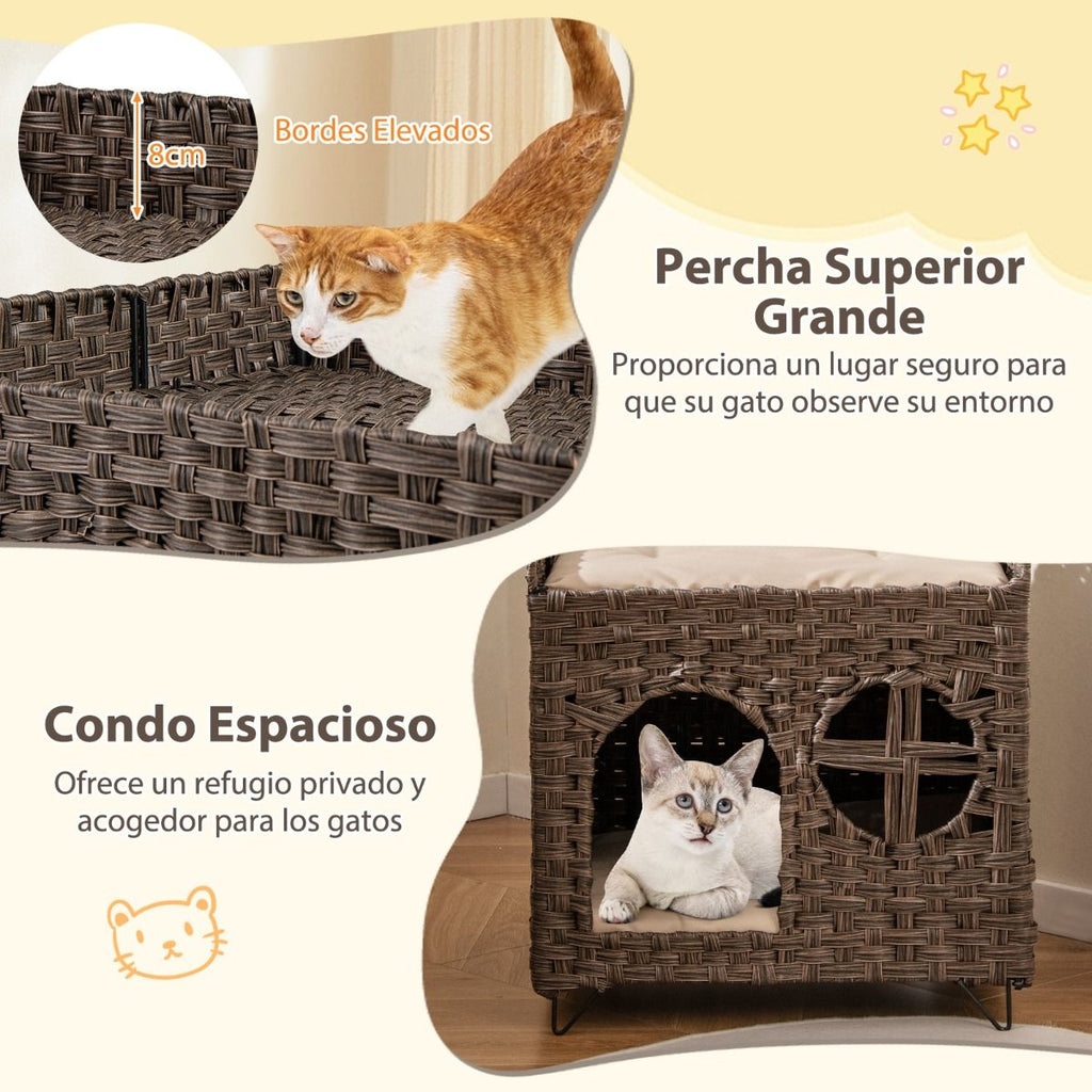 Casa De Ratán Para Gatos De 2 Niveles Con Cueva Oculta Plataforma Superior 2 Cojines Suaves Moderno Condominio Para Mascotas Marrón