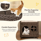 Casa De Ratán Para Gatos De 2 Niveles Con Cueva Oculta Plataforma Superior 2 Cojines Suaves Moderno Condominio Para Mascotas Marrón