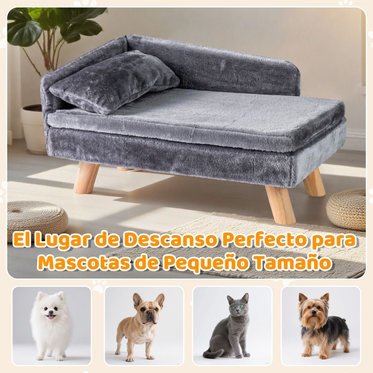 Cama Sofá Elevada Para Mascotas Con Cojín Y Almohada Removibles Patas De Madera Y Respaldo Alto 71 X 43 X 40 Cm Gris Oscuro