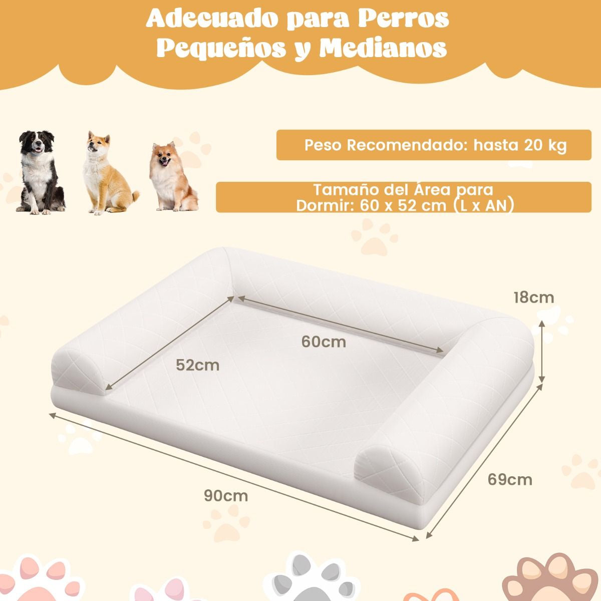 Cama Ortopédica Para Perros Cesta Para Perros Con Almohada En 3 Lados Funda Extraíble Y Lavable Base Antideslizante 90 X 69 X 18 Cm Beige