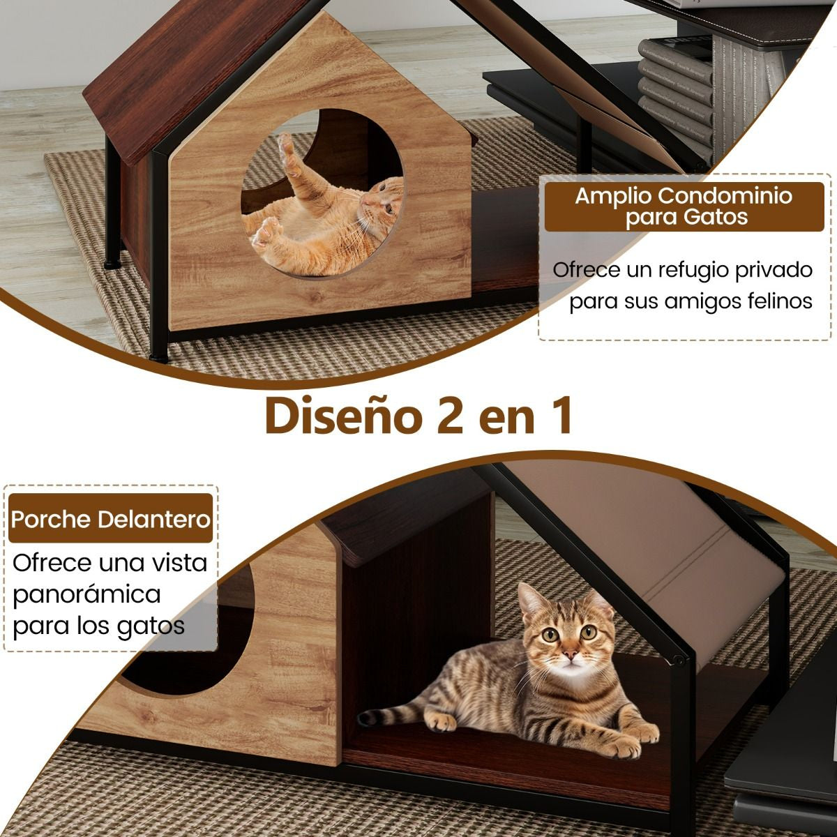 Casa De Madera Para Gatos De Interior Condominio Para Gatitos Con Porche Techo Inclinable Desmontable Y Marco Metálico Villa Marrón