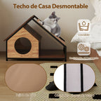 Casa De Madera Para Gatos De Interior Condominio Para Gatitos Con Porche Techo Inclinable Desmontable Y Marco Metálico Villa Marrón