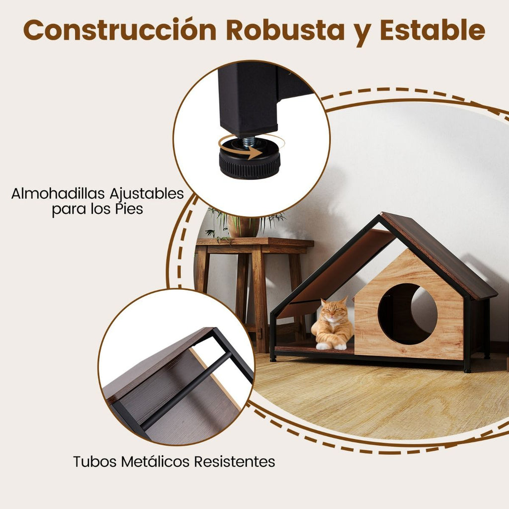 Casa De Madera Para Gatos De Interior Condominio Para Gatitos Con Porche Techo Inclinable Desmontable Y Marco Metálico Villa Marrón