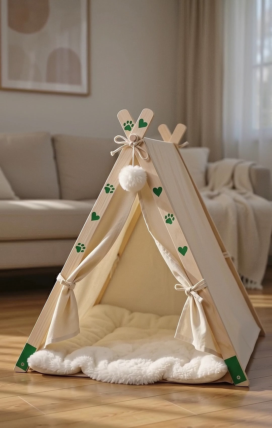 Cama tipi de lona beige con un gato en el salón de una casa, diseño de The Paws Boutique.